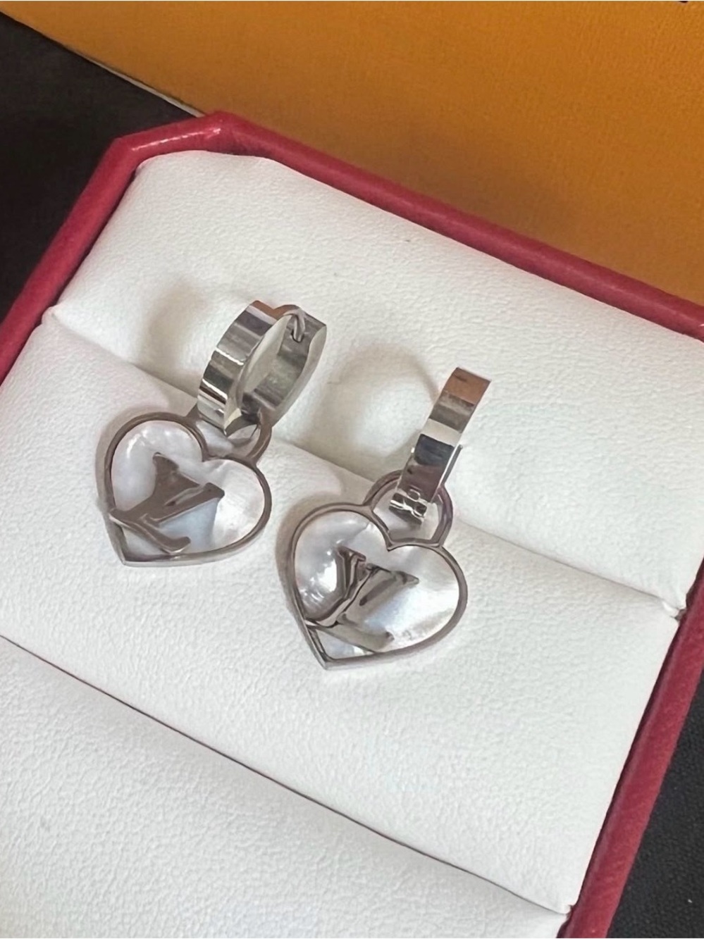Sterling Silver Heart Drop Earrings with Monogram Detail